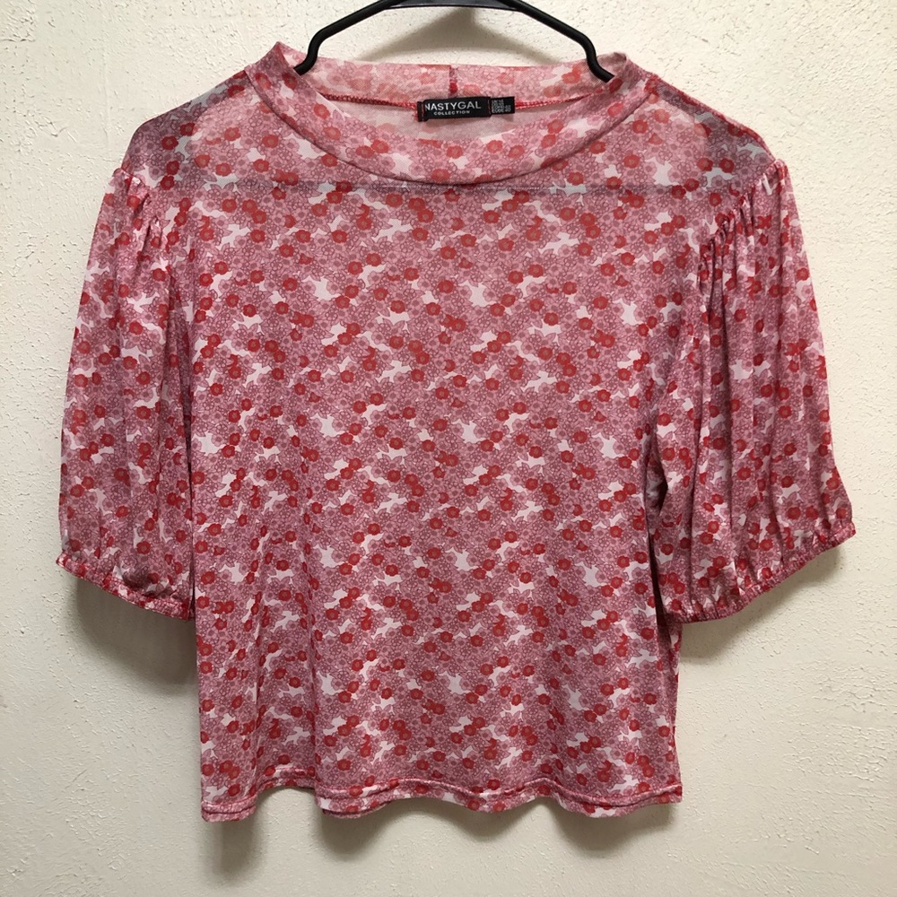 Nasty Gal Pink Mesh Puff Sleeve Crop Top